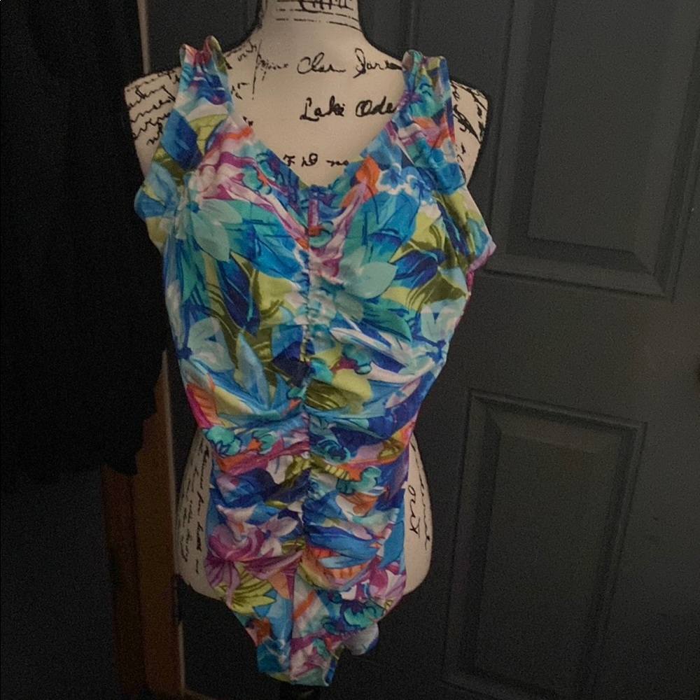 Vibrant Blue and Green One Piece Swimsuit with Ruched Detail